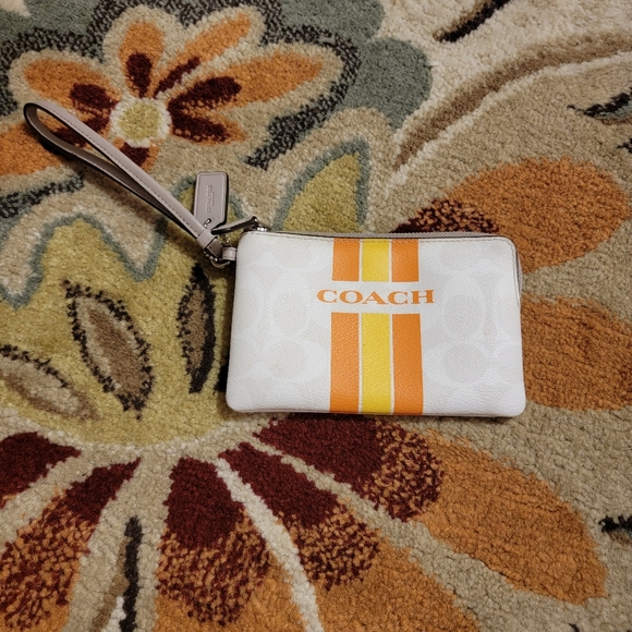 Coach and Four Handbags - Coach Heritage Stripe Pouch Ivory Orange Wristlet